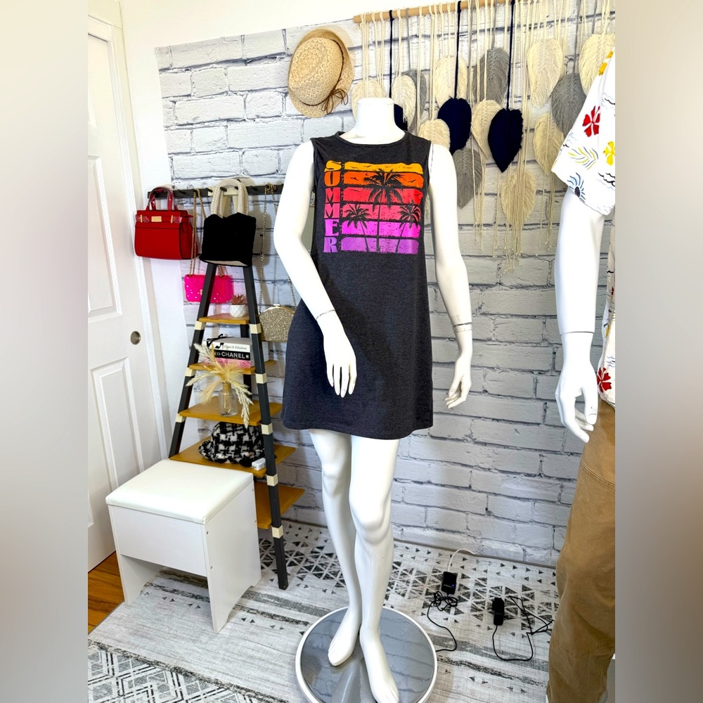 Gray Sleeveless Mini Dress with Colorful Summer Graphic Print
